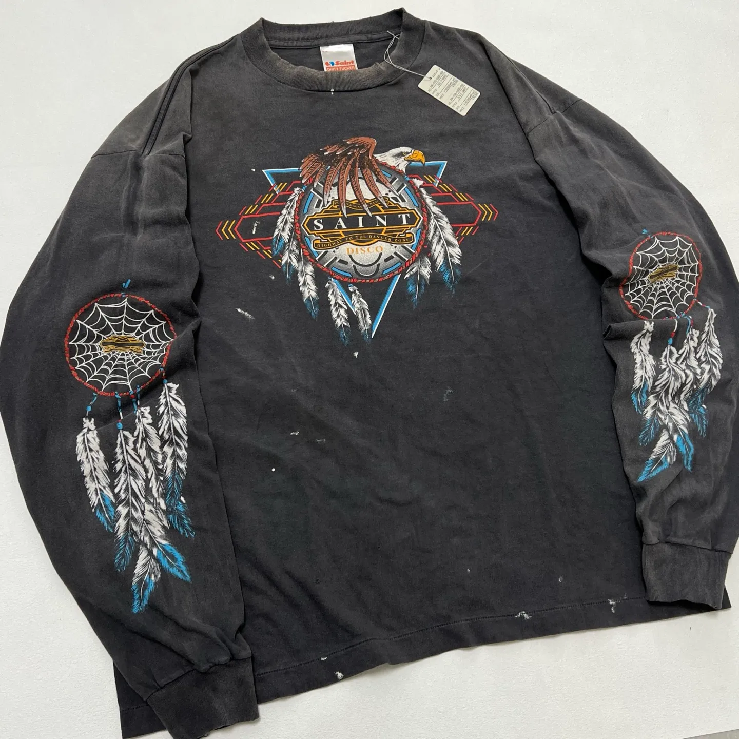 More details SAINT Mxxxxxx x TEFLON DISCO SAINT DISCO ML_LS TEE/BLK Eagle Feather Spider Web Distressed Long Sleeve S-XL Ready-to-wear Assute dyeing, water spray fading treatment, customized TEFLON DISCO co-branded accessories, hand-splashed ink, wormhole fraying treatment, genuine level printing process